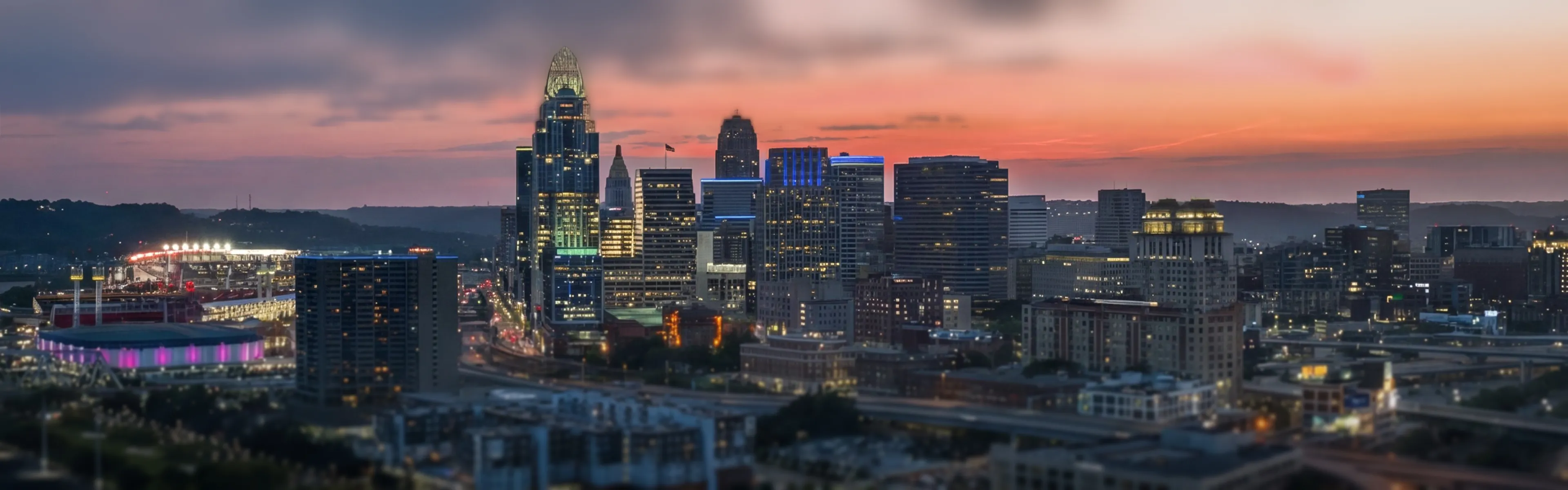 Cincinnati skyline and Ohio River waterfront - managed Wi-Fi, fiber internet, and bulk TV services for Cincinnati multifamily properties