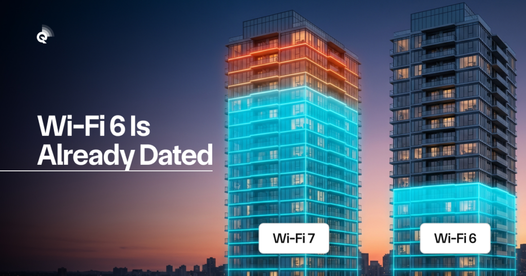 Two high-rise apartment towers at dusk, one labeled Wi-Fi 7 lit brighter and fuller than the dimmer Wi-Fi 6 tower