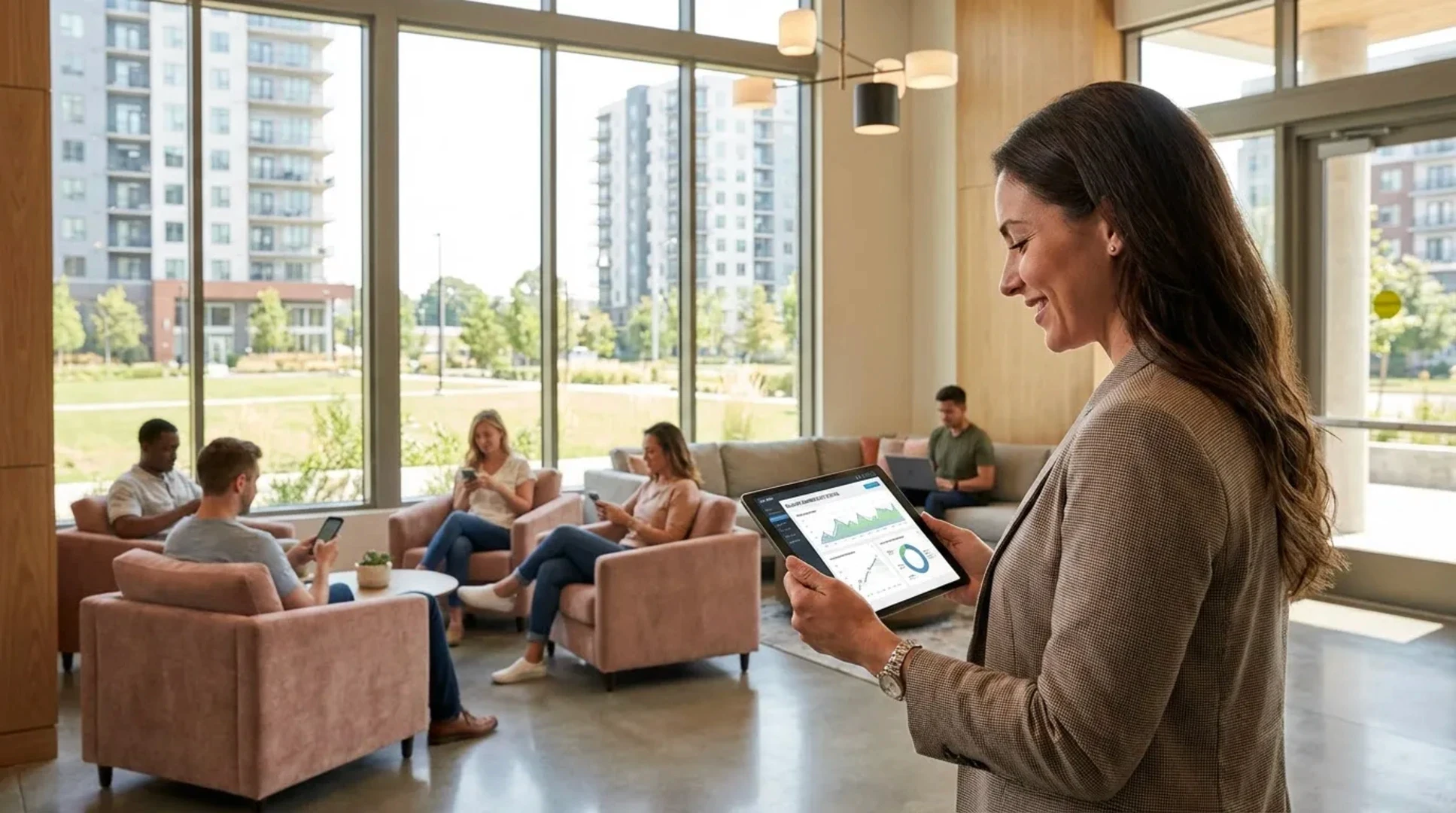 Property manager in apartment common lounge Property manager with a tablet in an apartment lounge while residents use devices nearby