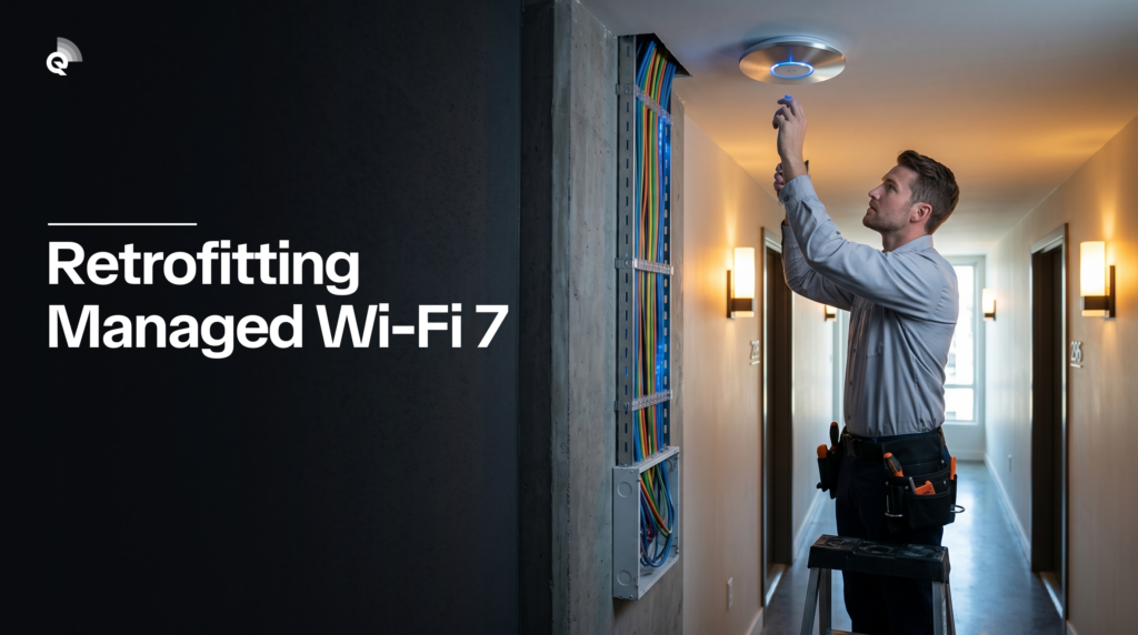 Network technician on a step ladder installing a ceiling-mounted Wi-Fi access point in an occupied apartment hallway, with bundled fiber and Ethernet cables running through an open riser