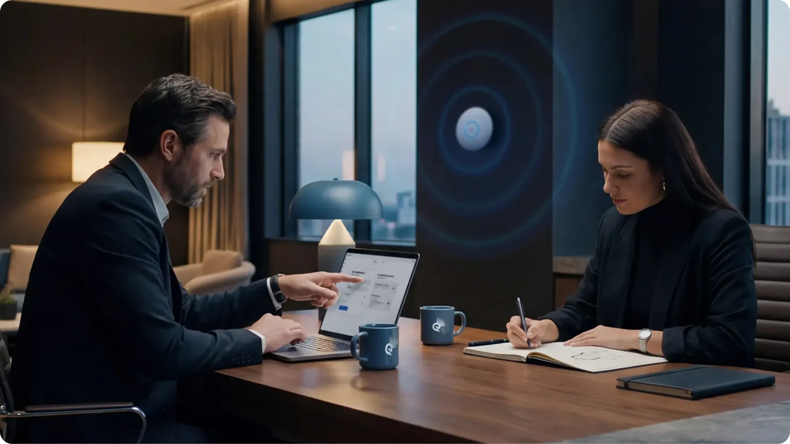 Two people in suits at a desk reviewing a laptop and taking notes, with a wall Wi-Fi access point and branded mugs nearby