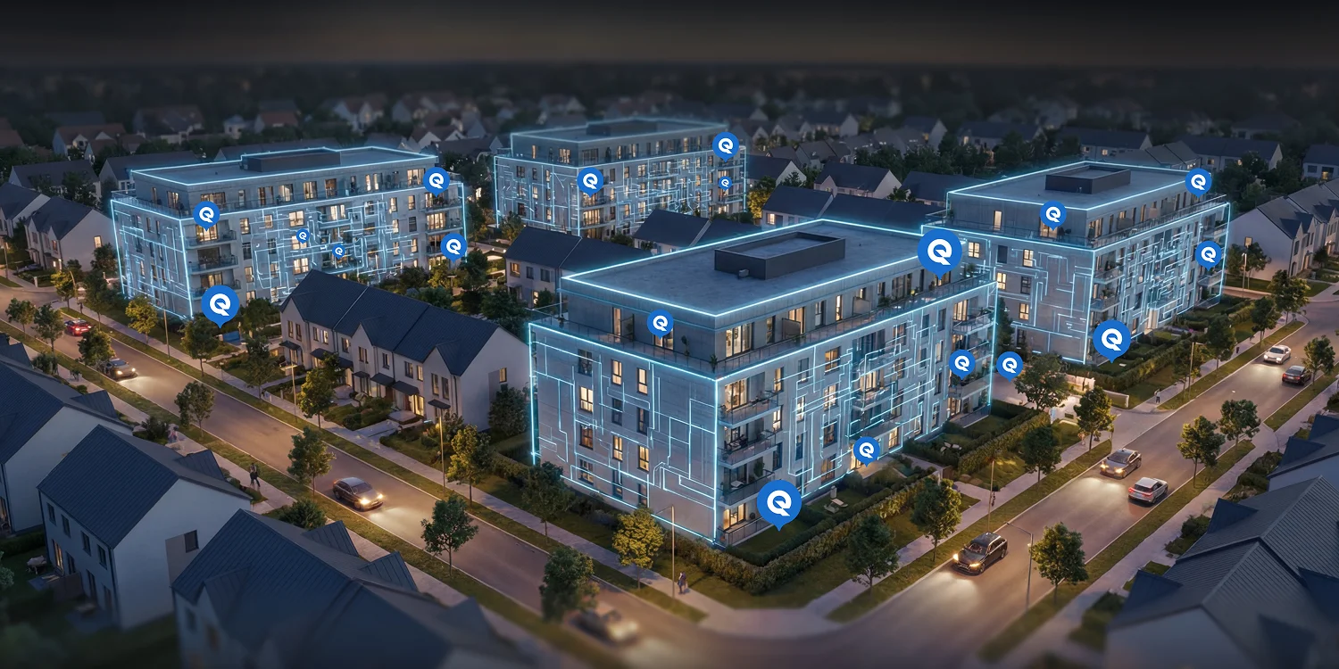 Aerial night view of an apartment complex with glowing blue network lines and Wi-Fi access point markers across the buildings