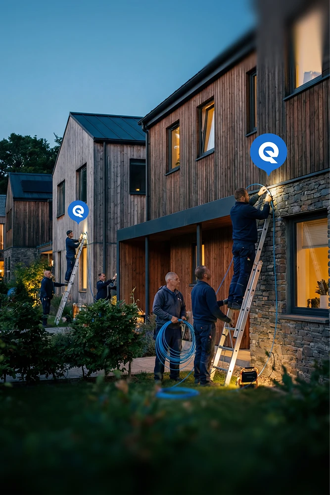 Crew on ladders installing cabling on wood-clad townhomes at dusk, one worker holding a coil of blue fiber cable