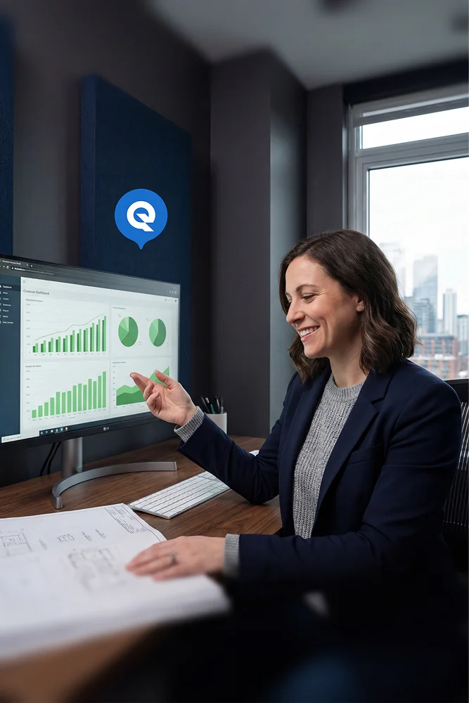 Woman in a blazer at a desk pointing at a monitor showing green revenue charts, with building floor plans in front of her